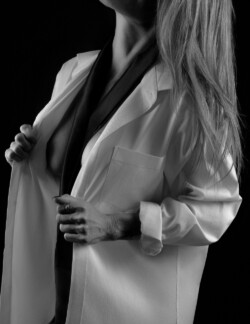 Woman in open white shirt – black & white artistic style